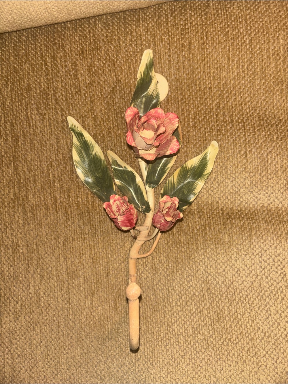 Anthropologie Pink Floral Wall Hook with Green Leaves